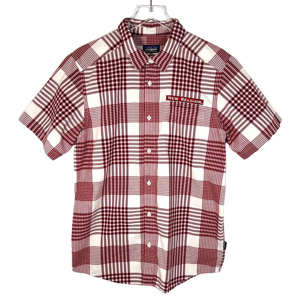 Patagonia Men's New Belgium Button Up Shirt L Red White Plaid Short Sleeve EUC!